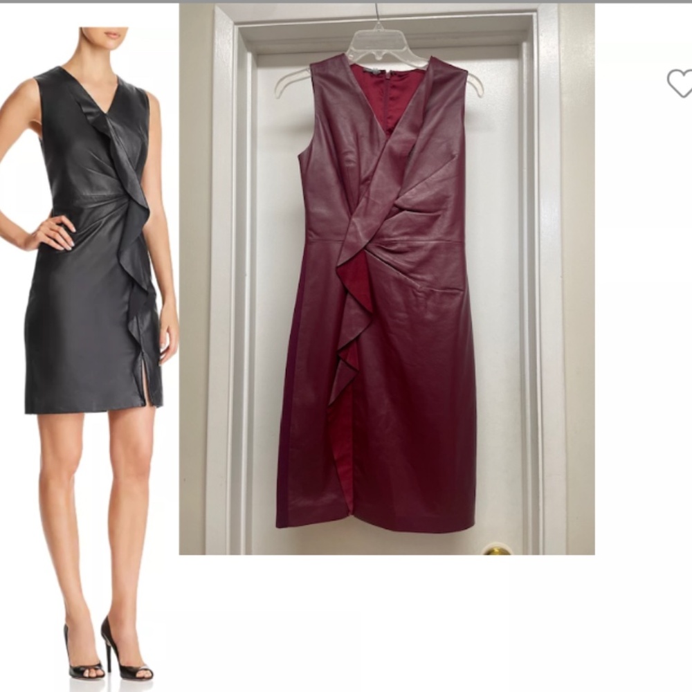 NWT $798 ELIE TAHARI MARSALA BURGUNDY LAMB LEATHER & PONTE DRESS